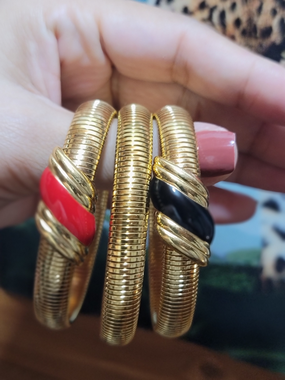 Monet Gold-Tone Coil Bracelet Pair with Red and Black Enamel Accents